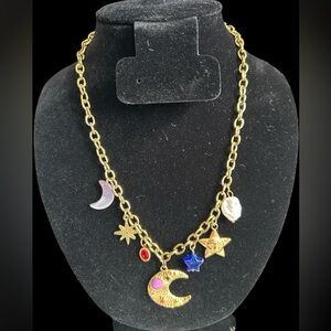 Crescent Moon, Star & Pearl 18K Gold Plated Stainless Steel Charm Necklace